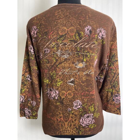 Studio Collection Rhinestones Novelty Parisian 3/4 Blouse Women's M Brown Y2K - Picture 6 of 9